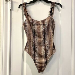 LUSH snakeskin Suede Zip up Ruffle Strap Bodysuit